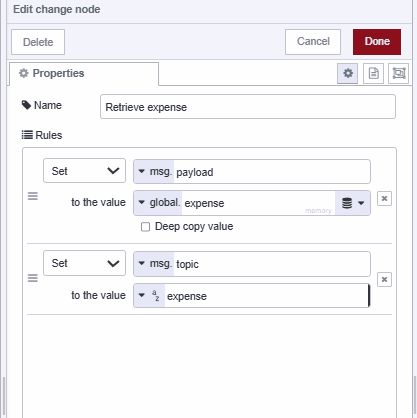 "Screenshot displaying the change node retrieving expense data from global context"