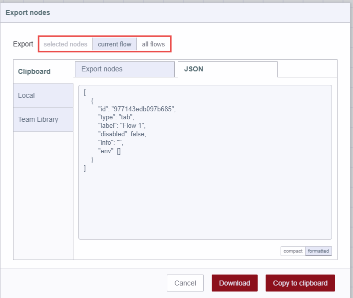 Option to select the scope of the flow that needs to be exported