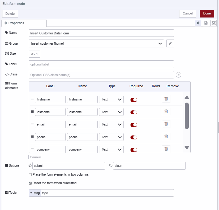 "Screenshot displaying form widget configuration to insert data in MongoDB"