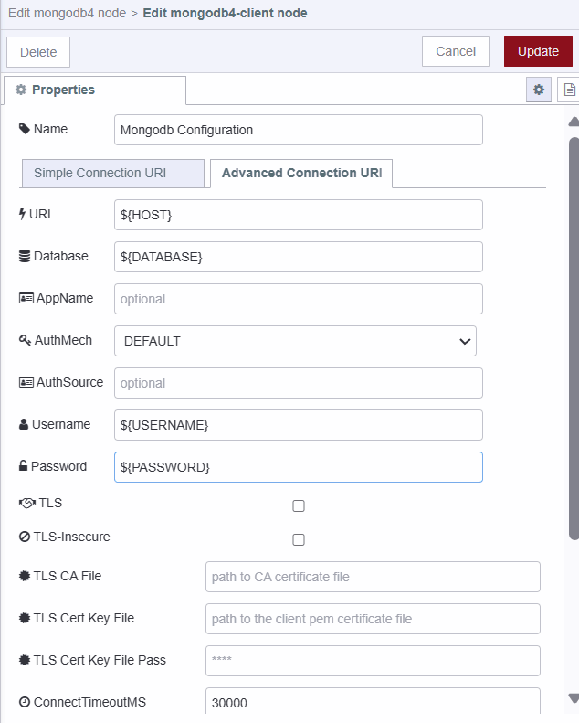 "Screenshot displaying connection configuration of MongoDB 4 node."